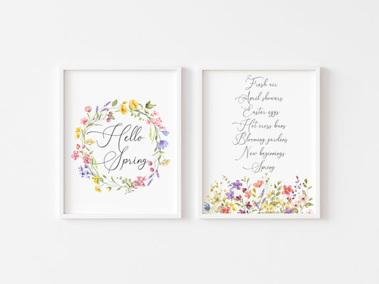 Set of 2 spring prints, spring favourites, hello spring wildflower seasonal unframed wall art poster prints, seasonal decor, spring wall art