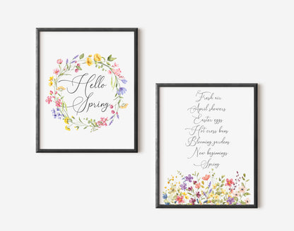 Set of 2 spring prints, spring favourites, hello spring wildflower seasonal unframed wall art poster prints, seasonal decor, spring wall art