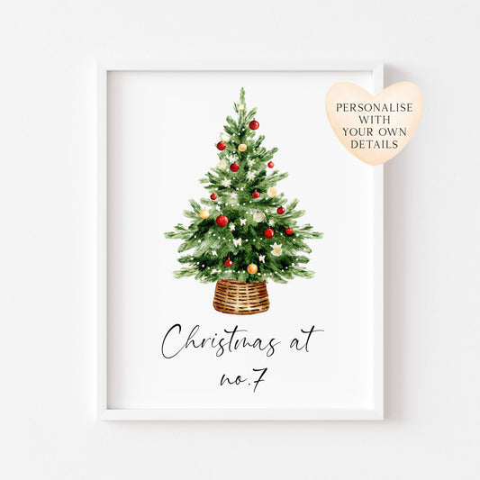 Personalised Christmas Print Watercolour Xmas Tree family at the, with the, Wall Art (unframed)