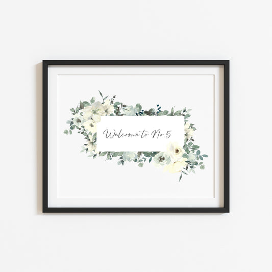 Welcome to no. house number personalised green and yellow watercolour unframed wall art poster print