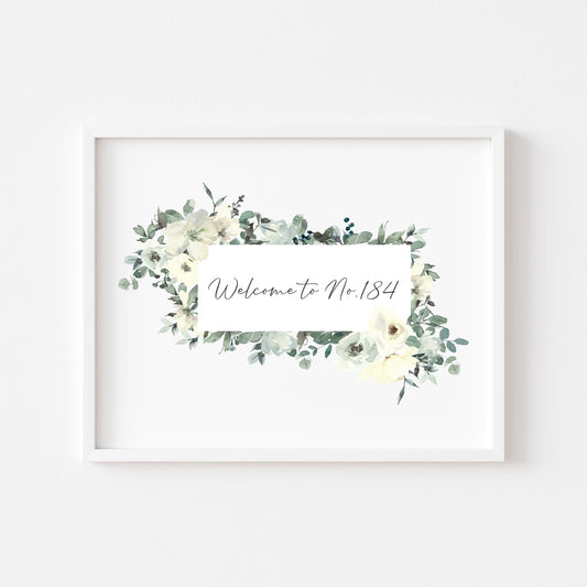 Welcome to no. house number personalised green and yellow watercolour unframed wall art poster print