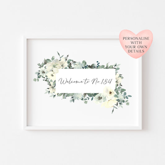 Welcome to no. house number personalised green and yellow watercolour unframed wall art poster print