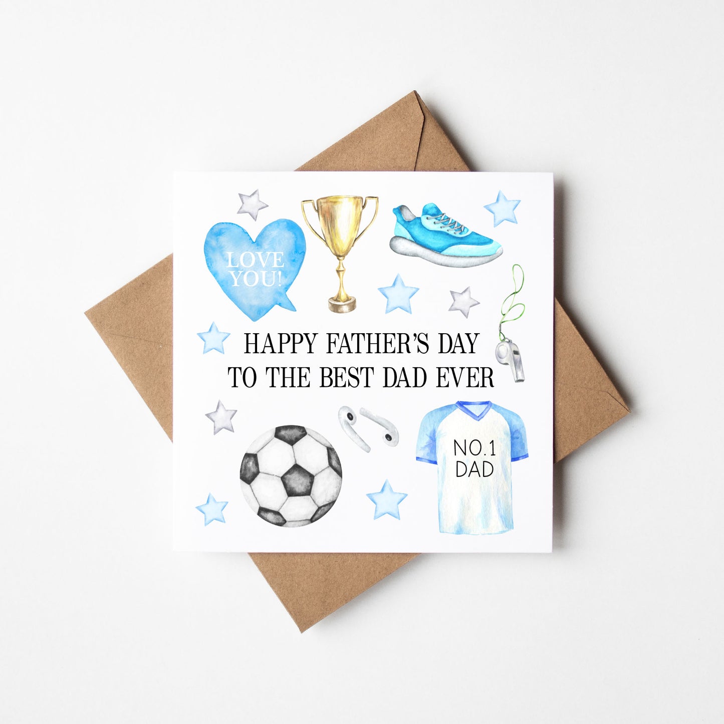 Father's day card dads watercolour sports blue black & white card with Kraft brown envelope
