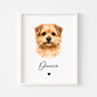 Personalised Norfolk Terrier Dog Print Custom Name Pet portrait watercolour unframed wall art