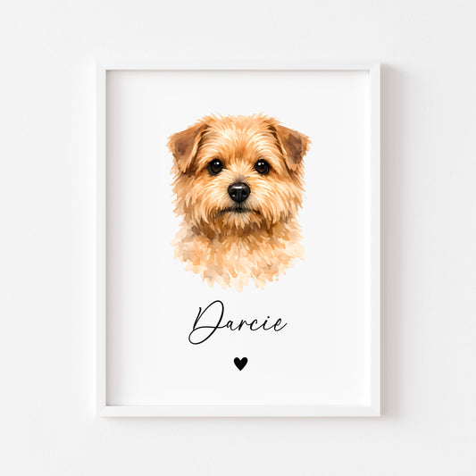 Personalised Norfolk Terrier Dog Print Custom Name Pet portrait watercolour unframed wall art