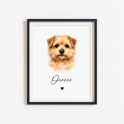 Personalised Norfolk Terrier Dog Print Custom Name Pet portrait watercolour unframed wall art