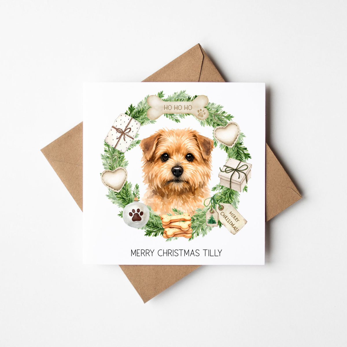 Personalised Dog Christmas card, Norfolk Terrier custom pet name xmas card