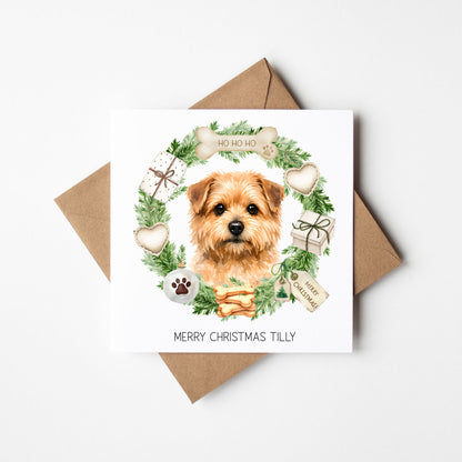 Personalised Dog Christmas card, Norfolk Terrier custom pet name xmas card