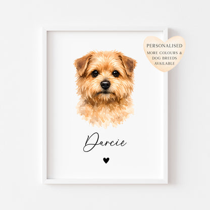 Personalised Norfolk Terrier Dog Print Custom Name Pet portrait watercolour unframed wall art