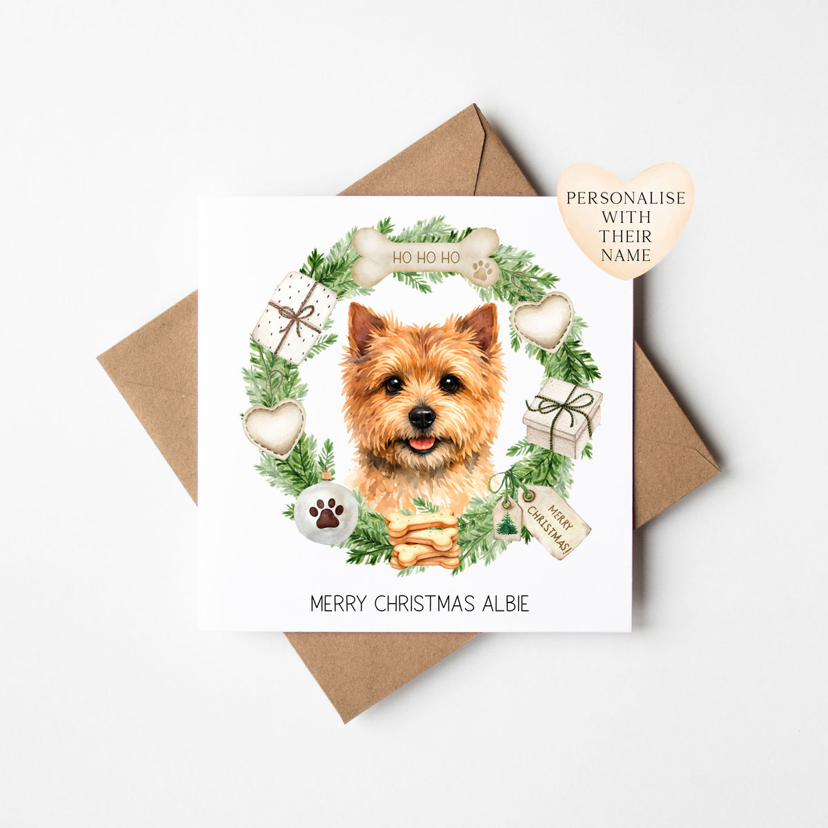 Personalised Dog Christmas card, Norwich Terrier custom pet name xmas card
