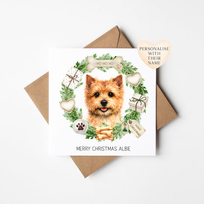 Personalised Dog Christmas card, Norwich Terrier custom pet name xmas card