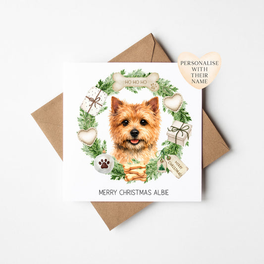 Personalised Dog Christmas card, Norwich Terrier custom pet name xmas card