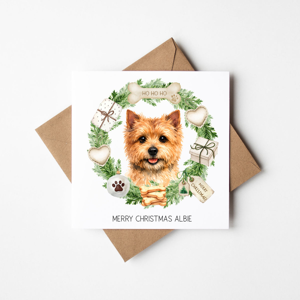 Personalised Dog Christmas card, Norwich Terrier custom pet name xmas card