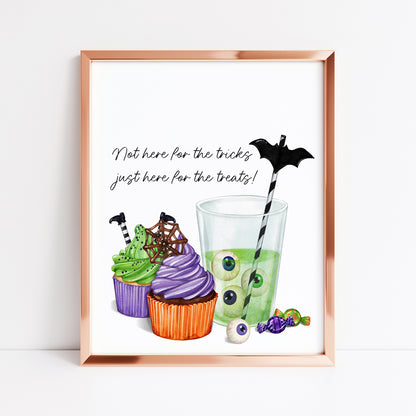 Not here for the tricks, just here for the treats! halloween sweet treats watercolour seasonal halloween party sign unframed wall art poster print