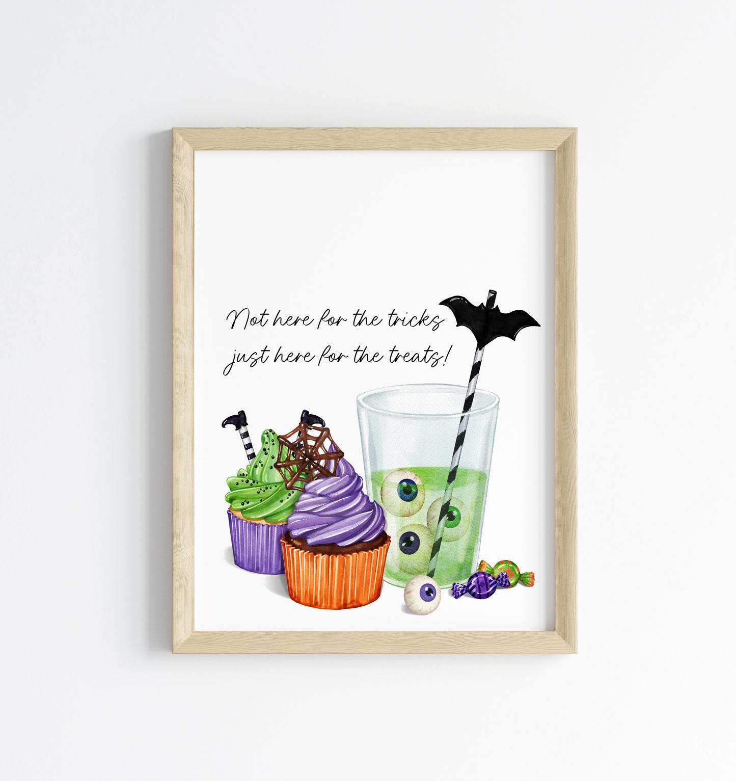 Not here for the tricks, just here for the treats! halloween sweet treats watercolour seasonal halloween party sign unframed wall art poster print