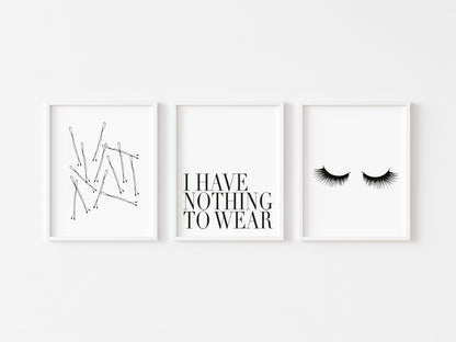 Set of 3 fashion prints, nothing to wear, eyelashes, bobby pins set of bedroom fashion dressing room unframed wall art poster prints