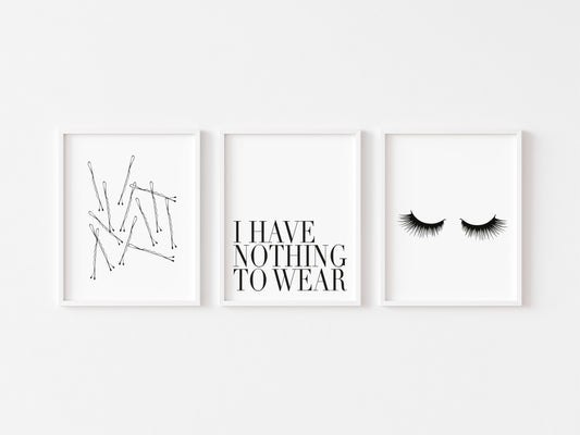 Set of 3 fashion prints, nothing to wear, eyelashes, bobby pins set of bedroom fashion dressing room unframed wall art poster prints