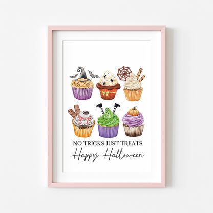 No tricks, just treats halloween spooky cupcake bakes watercolour cute halloween sign unframed wall art poster print, halloween sign
