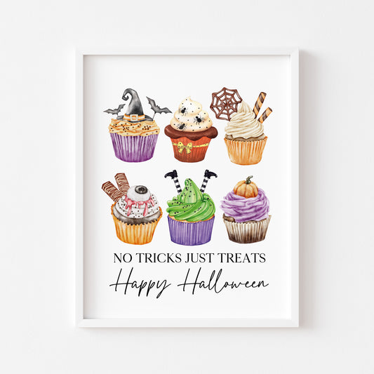 No tricks, just treats halloween spooky cupcake bakes watercolour cute halloween sign unframed wall art poster print, halloween sign