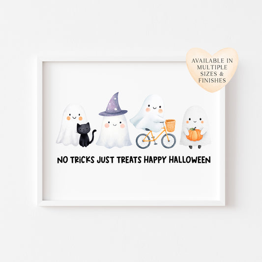 Halloween print, No tricks just treats cute but spooky ghosts watercolour unframed wall art poster