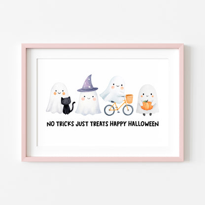 Halloween print, No tricks just treats cute but spooky ghosts watercolour unframed wall art poster