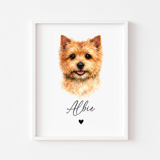 Personalised Norwich Terrier Dog Print Custom Name Pet portrait watercolour unframed wall art