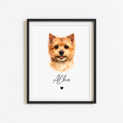 Personalised Norwich Terrier Dog Print Custom Name Pet portrait watercolour unframed wall art