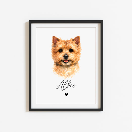 Personalised Norwich Terrier Dog Print Custom Name Pet portrait watercolour unframed wall art
