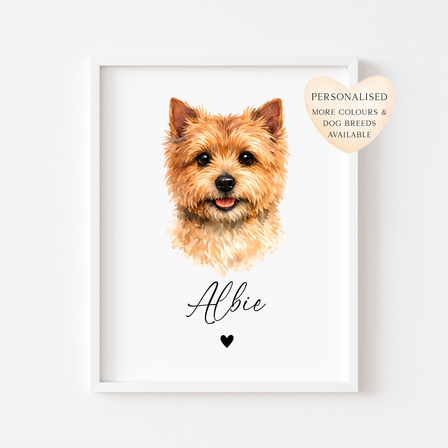 Personalised Norwich Terrier Dog Print Custom Name Pet portrait watercolour unframed wall art