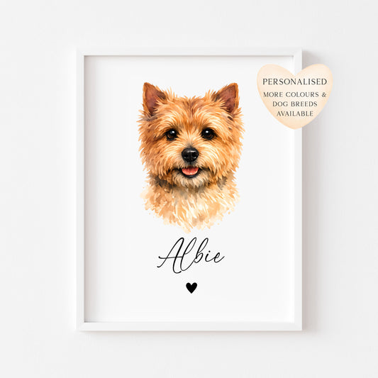 Personalised Norwich Terrier Dog Print Custom Name Pet portrait watercolour unframed wall art