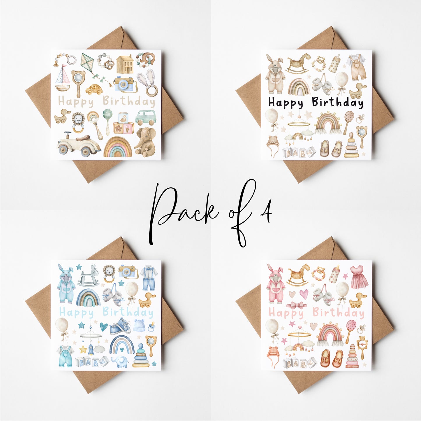 Birthday cards Pack of 4 Happy Birthday individual styles, pastel neutral blue or pink nursery kids toy themed cards with envelopes