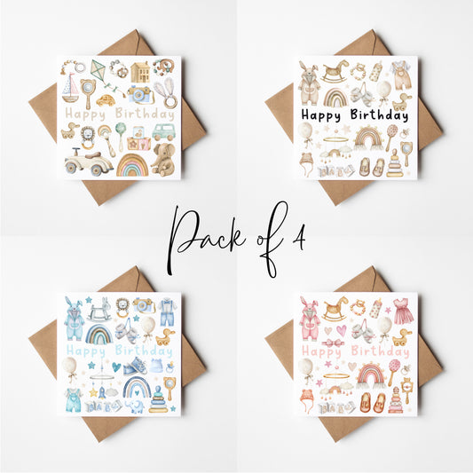 Birthday cards Pack of 4 Happy Birthday individual styles, pastel neutral blue or pink nursery kids toy themed cards with envelopes