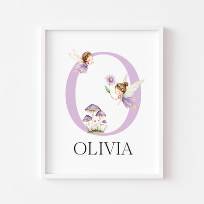Purple Fairies Initial Print Personalised Nursery wall art Decor (Unframed)