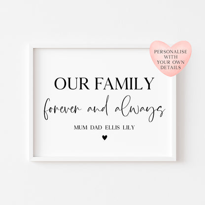 Personalised Our family forever and always heart unframed wall art poster print, home hallway family print, family home print, home decor