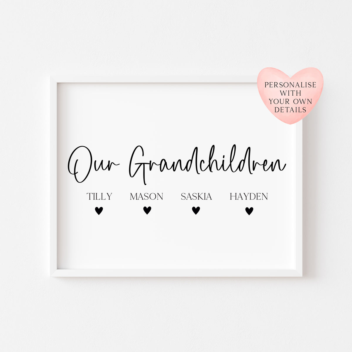 Personalised Grandchildren Hearts Print Custom unframed Home Wall Art