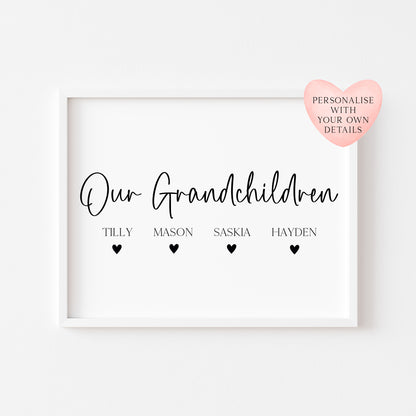 Personalised Grandchildren Hearts Print Custom unframed Home Wall Art