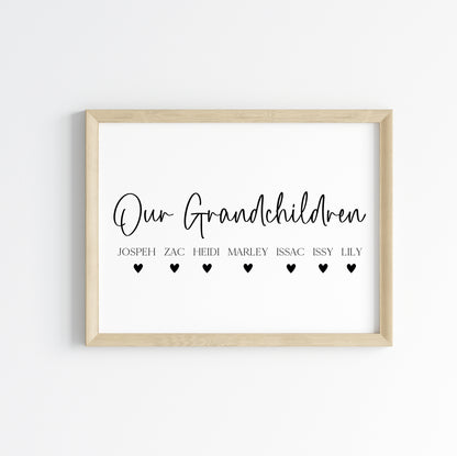 Personalised Grandchildren Hearts Print Custom unframed Home Wall Art