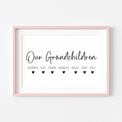Personalised Grandchildren Hearts Print Custom unframed Home Wall Art