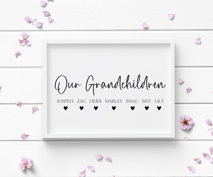Personalised Grandchildren Hearts Print Custom unframed Home Wall Art