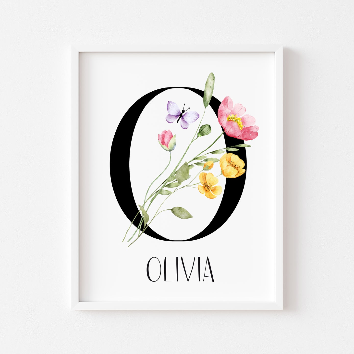 Initial wildflower black alphabet bedroom personalised unframed wall art home poster print