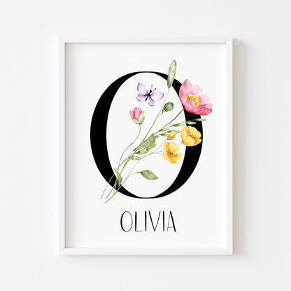 Initial wildflower black alphabet bedroom personalised unframed wall art home poster print