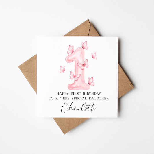 Personalised 1st Birthday Card pink Butterfly girls bday card, number 1, daughter, granddaughter, friend with Envelope