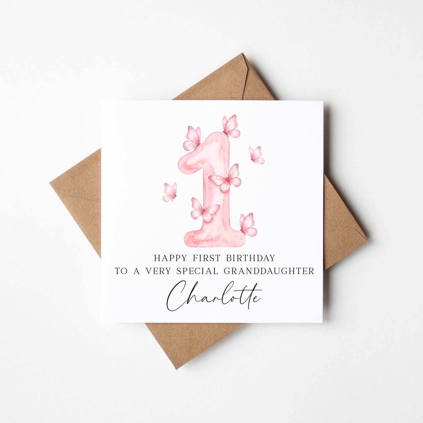 Personalised 1st Birthday Card pink Butterfly girls bday card, number 1, daughter, granddaughter, friend with Envelope