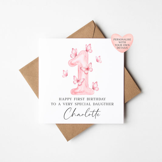 Personalised 1st Birthday Card pink Butterfly girls bday card, number 1, daughter, granddaughter, friend with Envelope