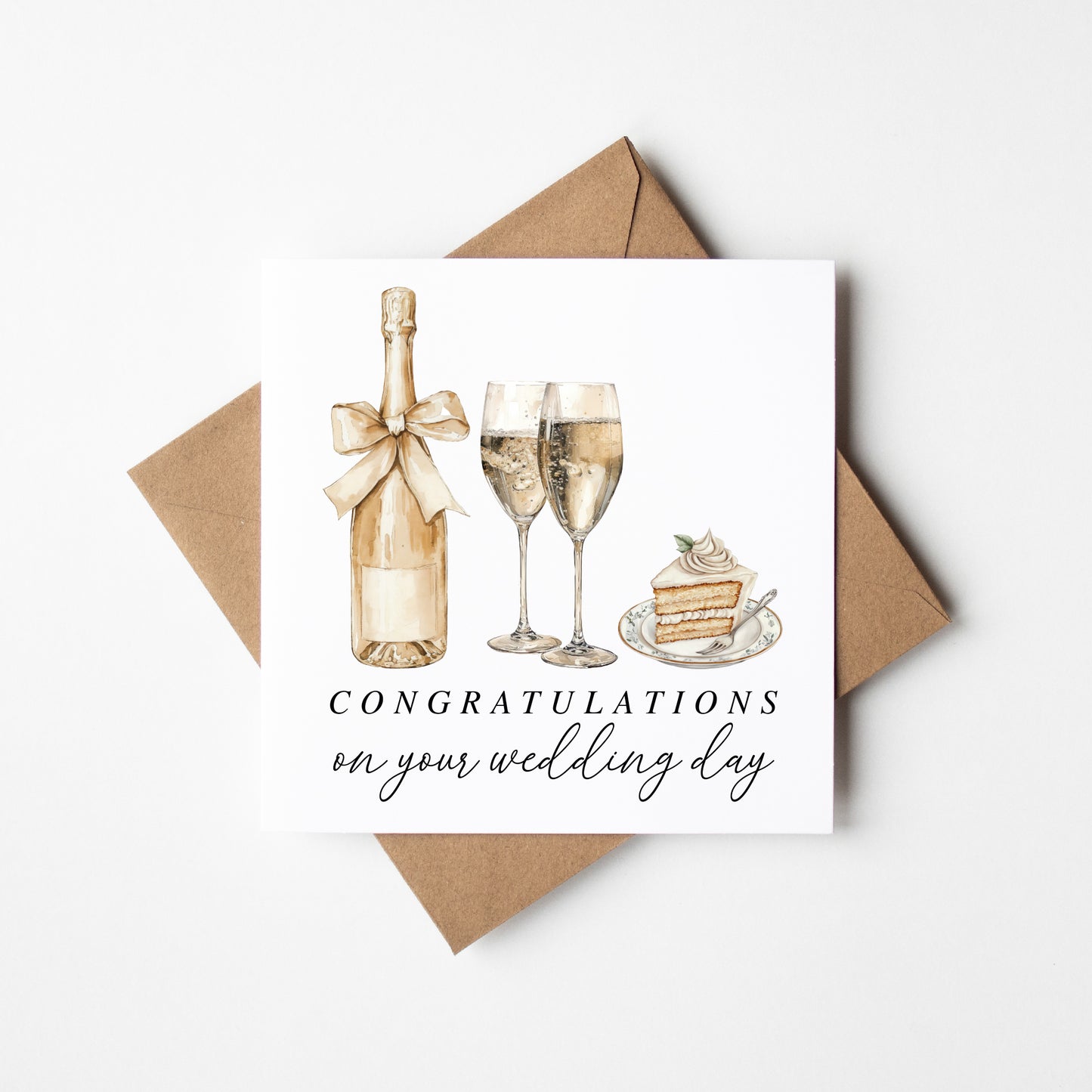 Wedding Card, congratulations champagne, rings & cake elegant card with Kraft Envelope