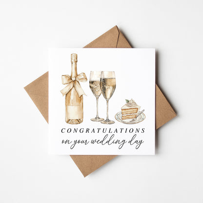 Wedding Card, congratulations champagne, rings & cake elegant card with Kraft Envelope