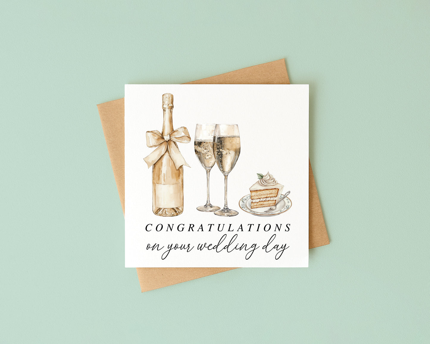 Wedding Card, congratulations champagne, rings & cake elegant card with Kraft Envelope