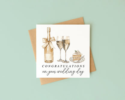 Wedding Card, congratulations champagne, rings & cake elegant card with Kraft Envelope