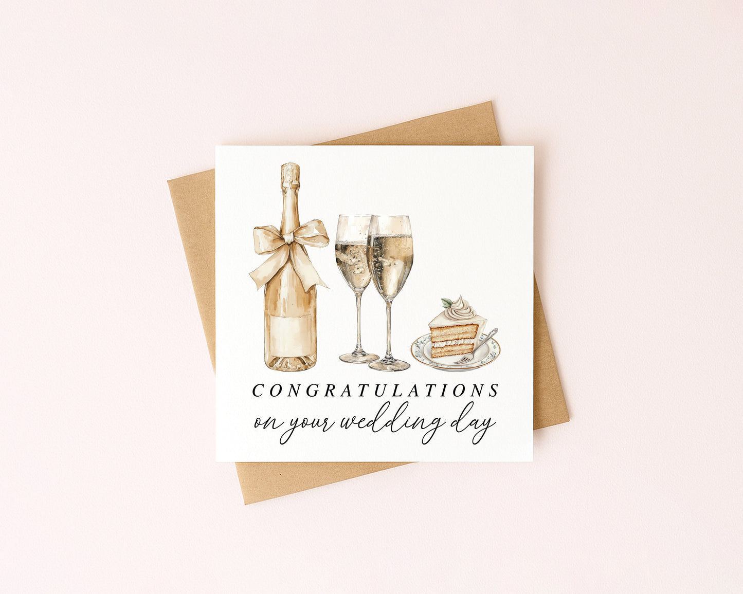 Wedding Card, congratulations champagne, rings & cake elegant card with Kraft Envelope