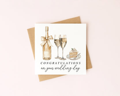 Wedding Card, congratulations champagne, rings & cake elegant card with Kraft Envelope